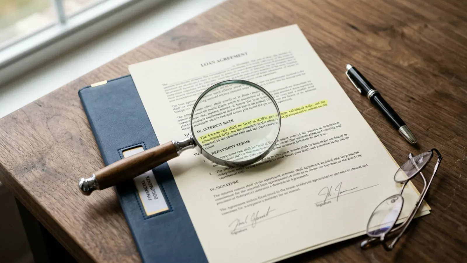Magnifying glass over the fine print of a tribal loan agreement highlighting APR and approval disclosure clauses