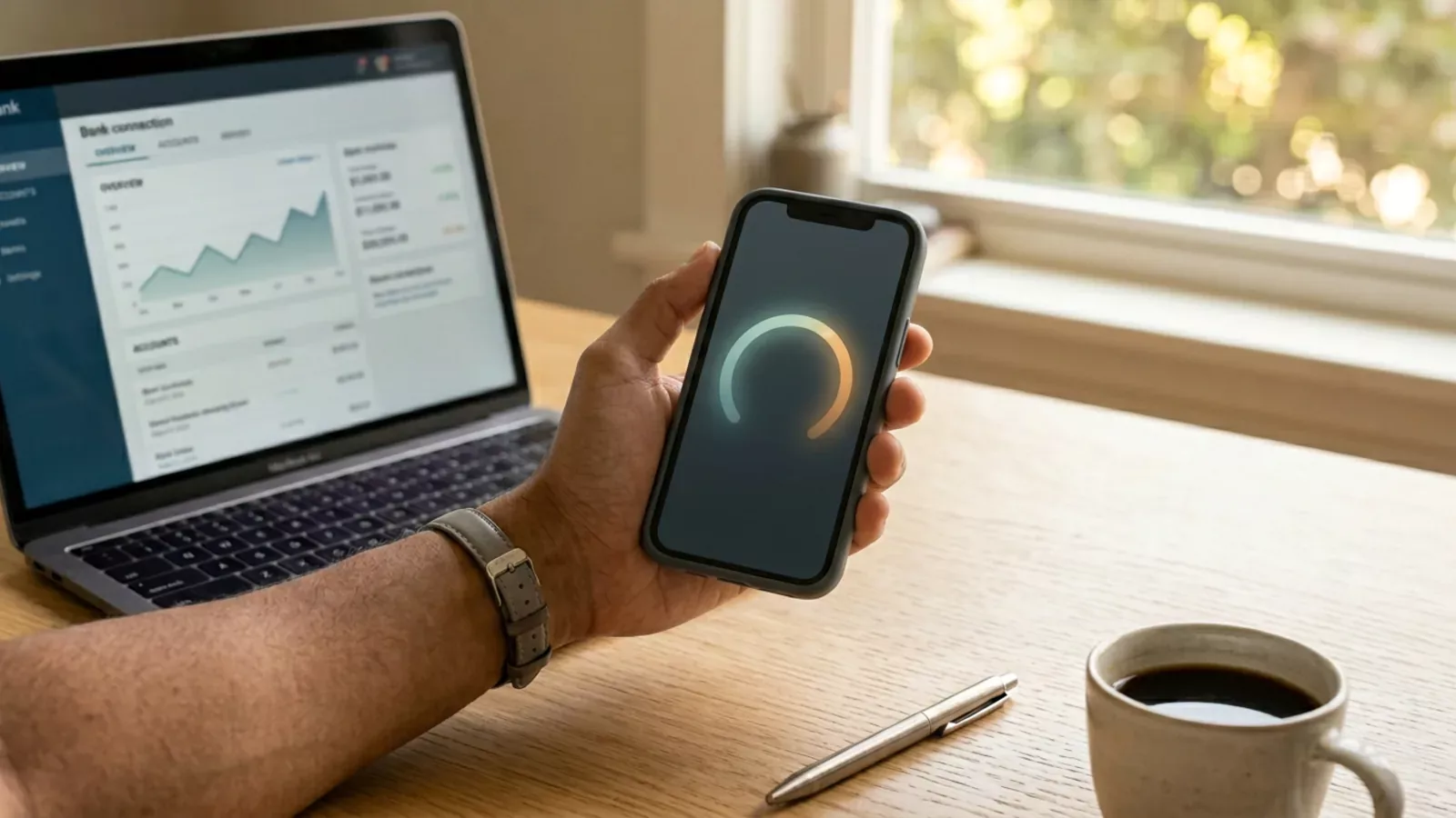 Smartphone displaying a circular credit score dial next to a bank-connection interface illustrating soft-pull underwriting for tribal loans