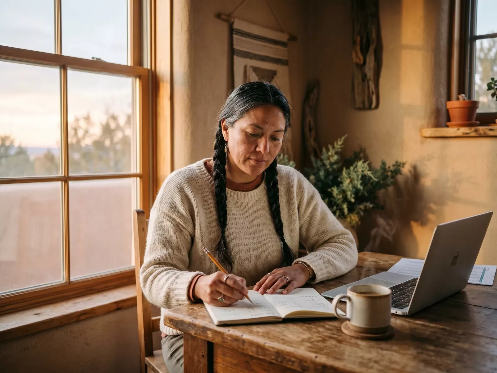 A borrower reviewing her household budget at a kitchen table in warm morning light